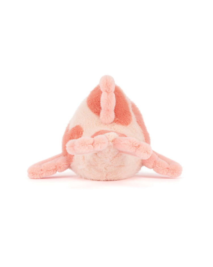 The jellycat fancy carp plush toy, shaped like a fish with light pink coloring and darker pink spots and fins, is elegantly photographed from behind on a white background.