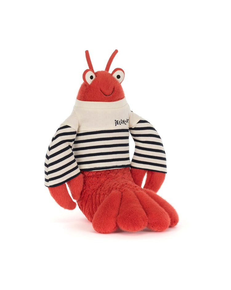 The Larry Lobster Sailor Outfit plush by Jellycat features a red lobster wearing a white and navy striped shirt with the brand’s name, sitting upright against a white background—a charming nautical plush toy.