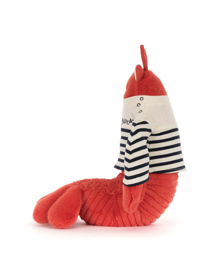 The Jellycat Larry Lobster Sailor Outfit plush features a red, upright lobster in a navy and white striped shirt with buttons, set against a plain white background.