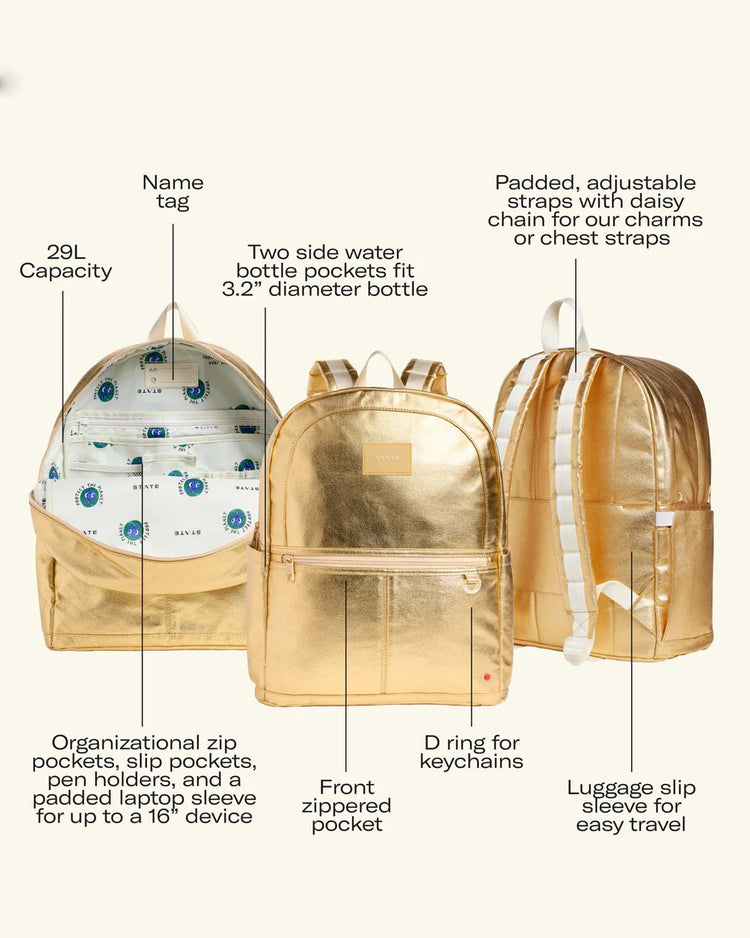 Three views of a State Bags Kane Large Double Pocket Backpack in pink are shown against a light background, with labeled features such as adjustable straps, multiple pockets, a padded laptop sleeve, water bottle holders, and dual front pockets—perfect as a stylish school backpack.