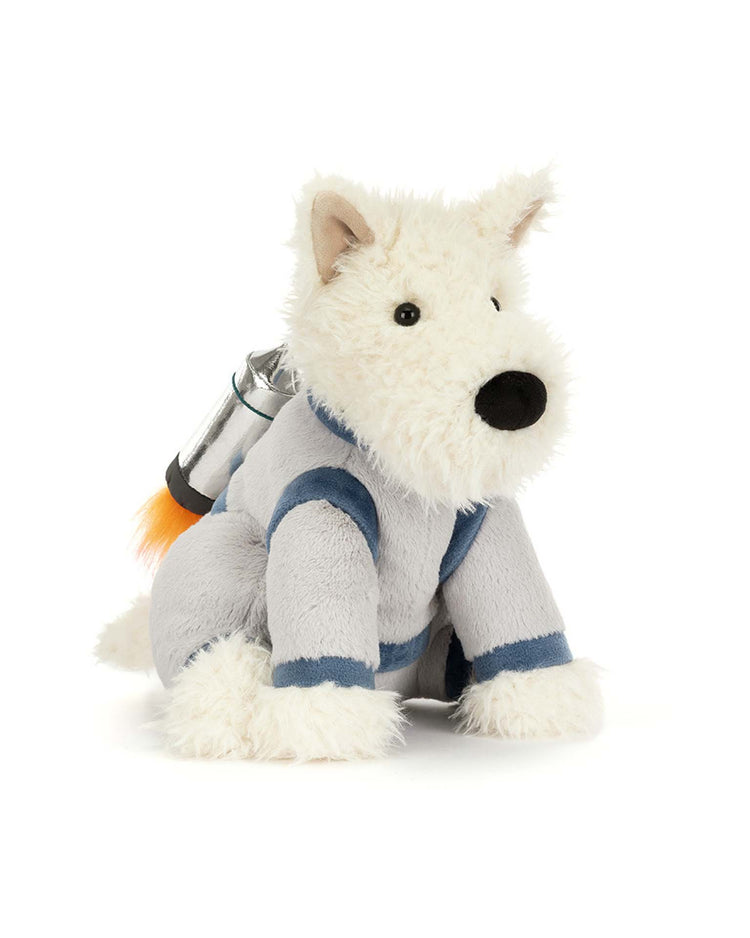 The Jellycat Munro Scottie Dog Space Outfit features a plush Scottie in a gray and blue suit with a rocket jetpack, shown on a white background.