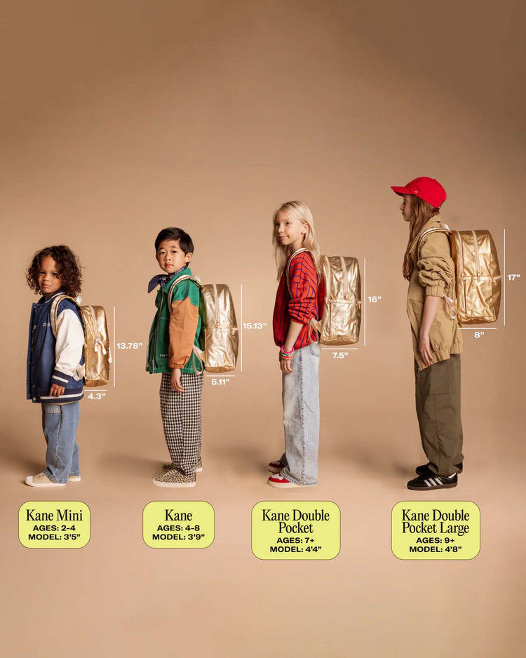 Four children of increasing height stand side by side, each wearing a gold Kane Backpack in Clouds by STATE Bags, each in a different size. Backpack heights and widths are labeled; ages and model heights appear below each child. A beige background highlights the versatility of these State Bags—perfect as a school backpack for every age.