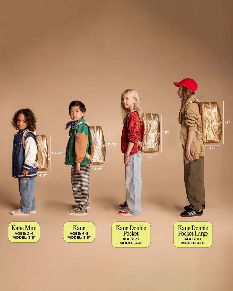 Four children of different heights wear olive STATE Bags Kane backpacks in increasing sizes, labeled Kane Mini, Kane, Kane Double Pocket, and the Kane Large Double Pocket Backpack in Olive. Height and width measurements are shown—making it easy to find the ideal school backpack.