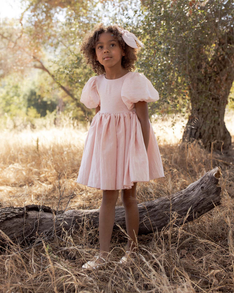 A young girl wearing the Noralee Sofia Dress in Rose Shimmer, paired with a matching hair bow, stands outdoors on dry grass near a fallen tree, surrounded by trees and sunlight.