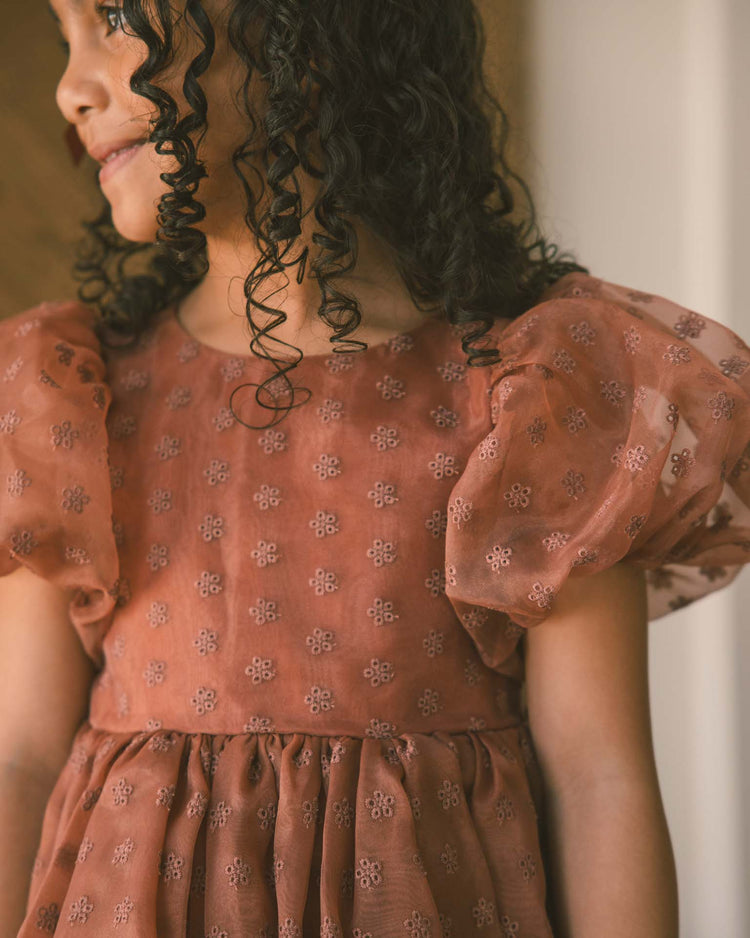 A young girl with curly hair, wearing the noralee sofia dress in spice floral, which features balloon puff sleeves and delicate embroidered patterns, stands indoors with a gentle smile, partially out of frame.