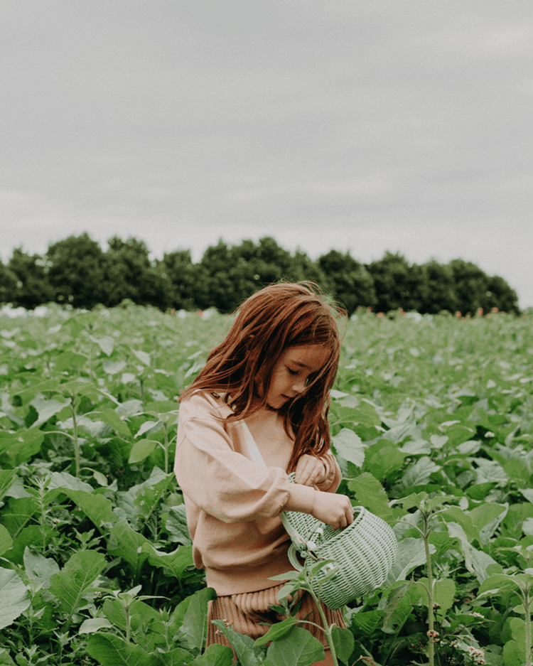 A young girl with long red hair stands in a green field, looking into a mint mini chari bag by Dinkum Dolls, with trees and a cloudy sky in the background.