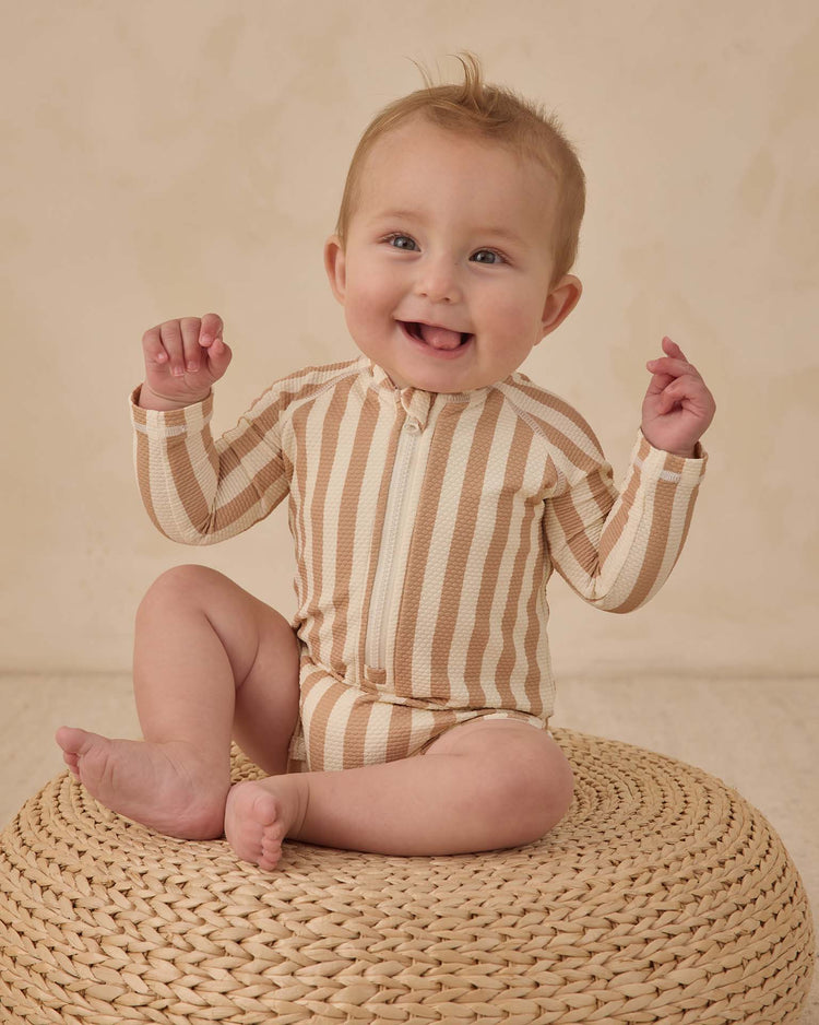 quincy mae long sleeve one - piece rashguard in retro latte stripe baby Little