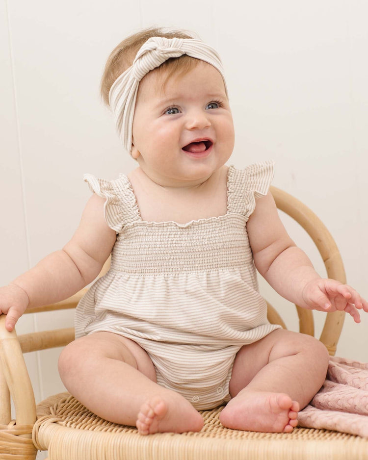 quincy mae smocked ruffle sleeve romper in oat micro stripe baby Little