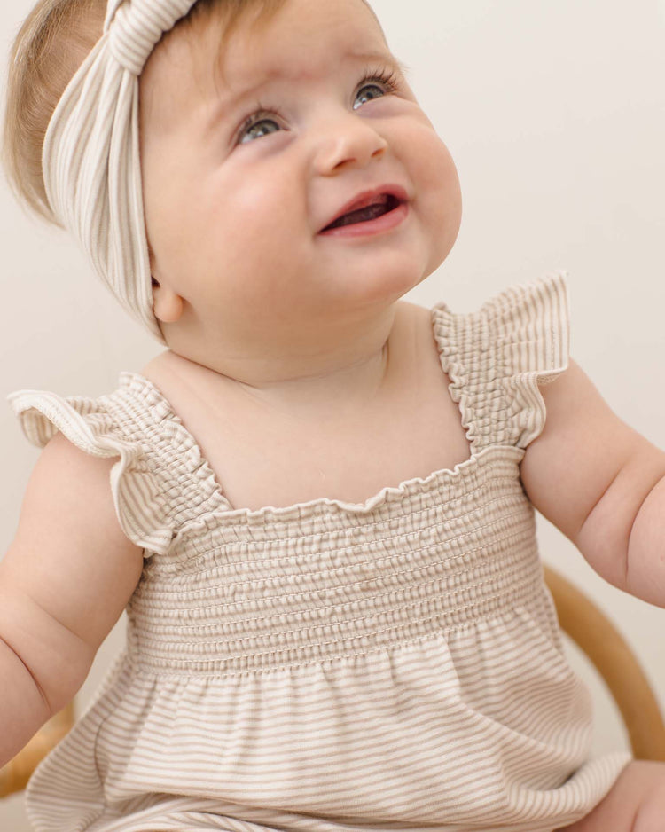 quincy mae smocked ruffle sleeve romper in oat micro stripe baby Little