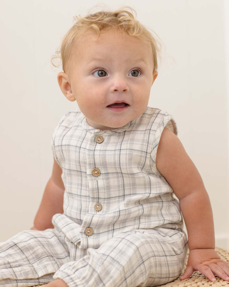 quincy mae woven jumpsuit in blue plaid baby Little