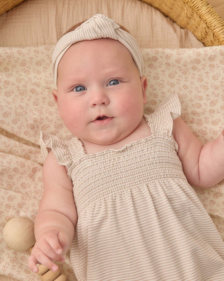 quincy mae smocked ruffle sleeve romper in oat micro stripe baby Little