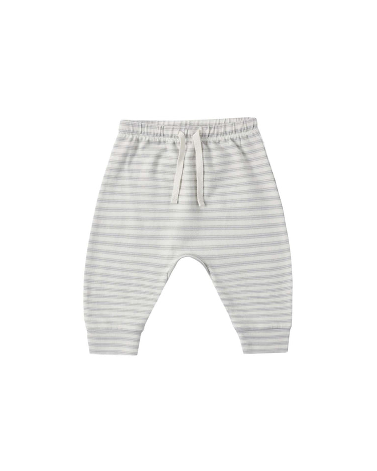 The drawstring pant in cloud stripe by quincy mae, featuring light gray and white stripes, made from organic cotton with an elastic waistband and drawstring, is laid flat on a white background.