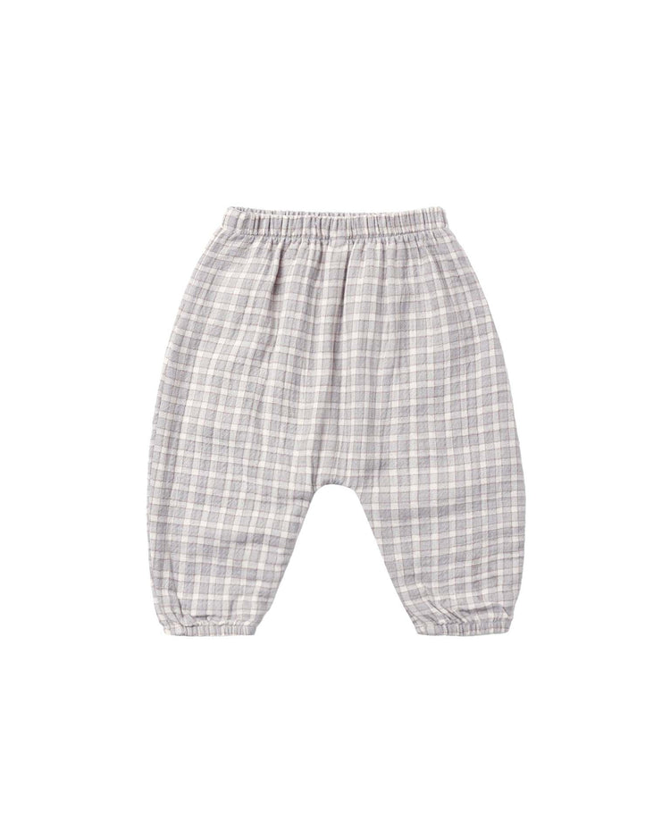 Quincy Mae woven pant in blue gingham featuring an elastic waistband and cuffs, shown flat on a white background.