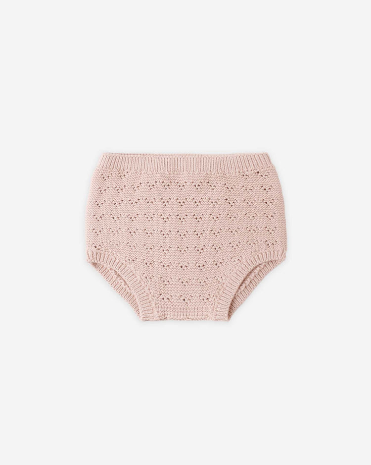 The quincy mae knit bloomer in blush features organic cotton pointelle fabric with a scalloped eyelet pattern, plus ribbed waistband and leg openings, shown flat on a white background.