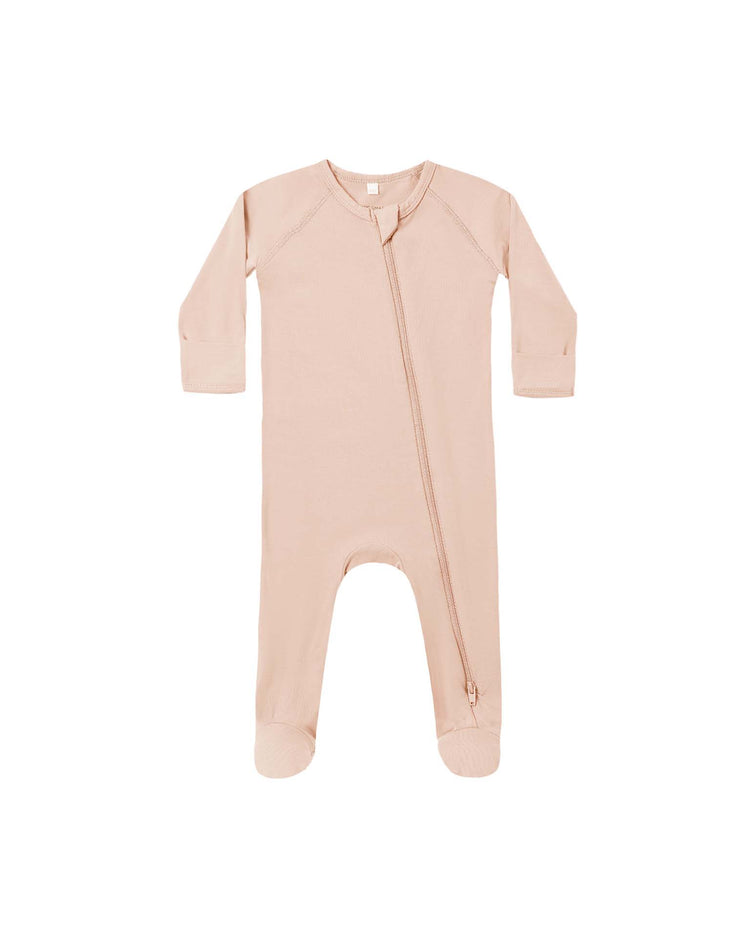 The quincy mae bamboo zip footie in dusty rose is a pale pink, long-sleeve baby sleeper with covered feet and an asymmetrical zipper from the neckline to the left ankle, shown on a white background.