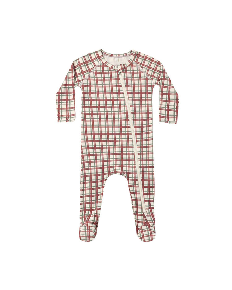 bamboo zip footie in redwood check