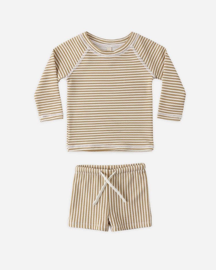 quincy mae finn rashguard + short set in honey stripe small baby Little