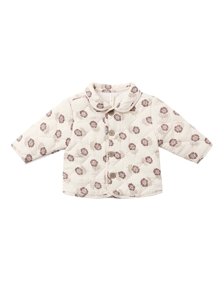 Introducing the "quilted jacket in fall floral" by quincy mae—a cream-colored organic cotton jacket for babies, featuring delicate purple fall floral prints, long sleeves, a rounded collar, and front buttons.
