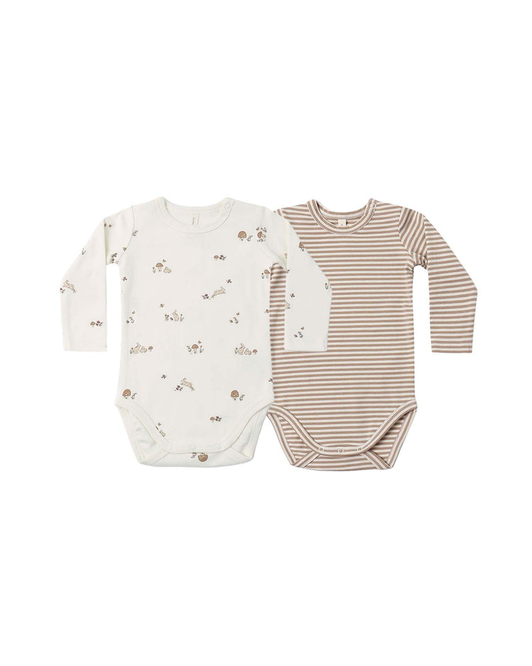 Discover the quincy mae jersey bodysuits in bunnies + almond stripe: this set includes two organic cotton baby onesies—one in cream with an adorable bunnies print and another in beige adorned with thin white stripes. Both designs feature envelope necklines and easy snap closures at the bottom for added convenience.