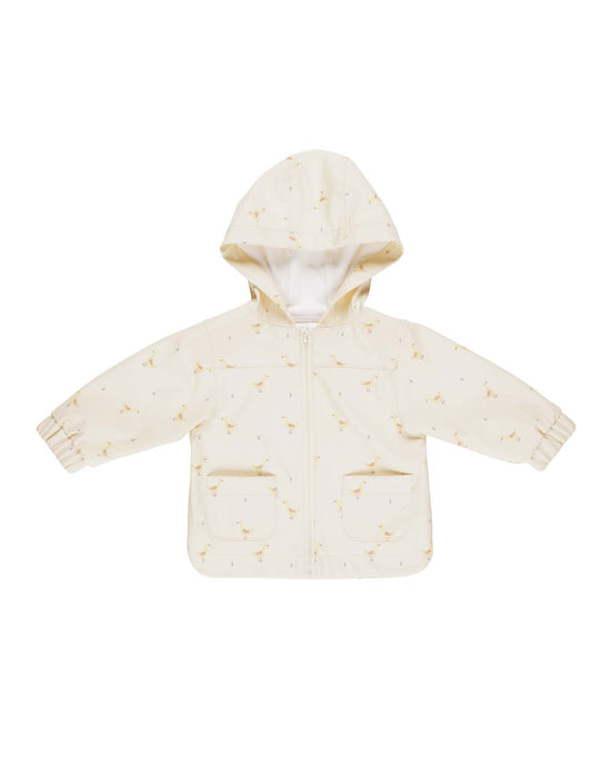 The relaxed sweatshirt by Quincy Mae is a beige baby jacket made from organic cotton featuring a subtle bird print, hood, two front pockets, and a front zipper closure.