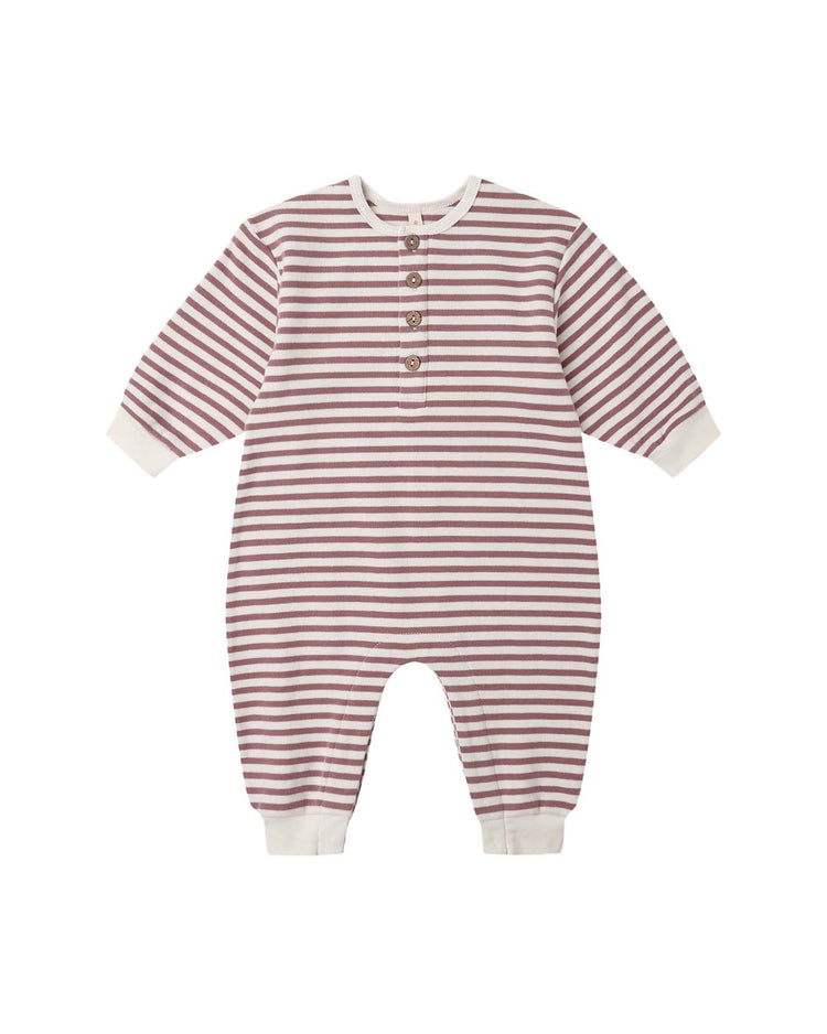 The quincy mae relaxed jumpsuit in mulberry stripe is a long-sleeve baby romper made from soft organic cotton, showcasing maroon and white horizontal stripes, white cuffs, and a buttoned front placket, displayed on a plain white background.