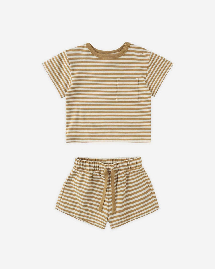 quincy mae boxy pocket tee + short set in honey stripe baby Little
