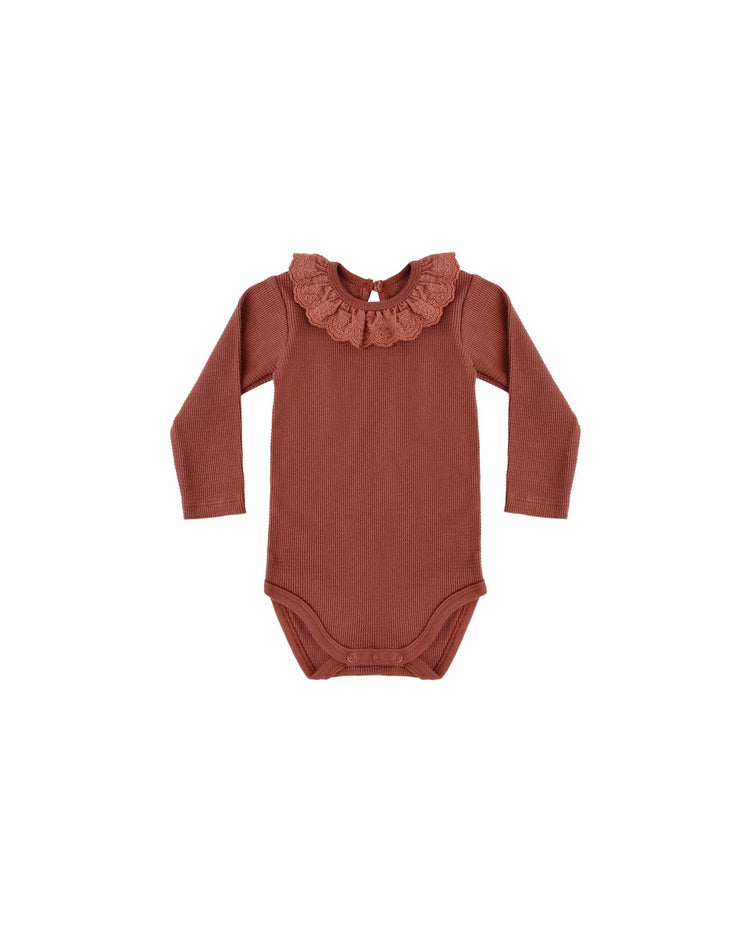 ruffle collar bodysuit in redwood