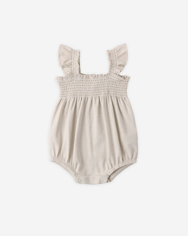 quincy mae smocked ruffle sleeve romper in oat micro stripe baby Little