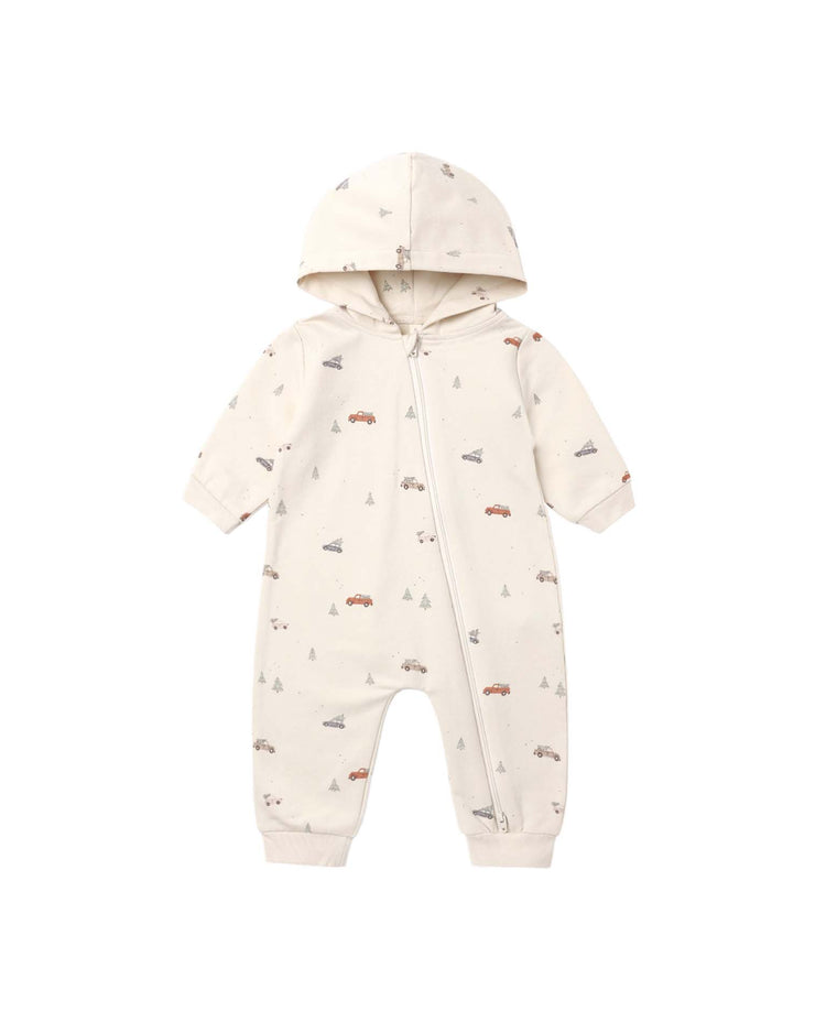hooded jumpsuit in holiday drive