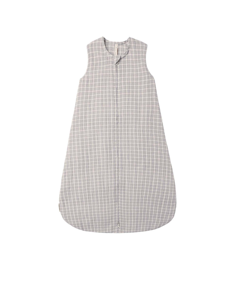 A sleeveless, blue gingham sleep bag from quincy mae, crafted from soft organic cotton with a convenient front zipper, displayed flat on a white background.