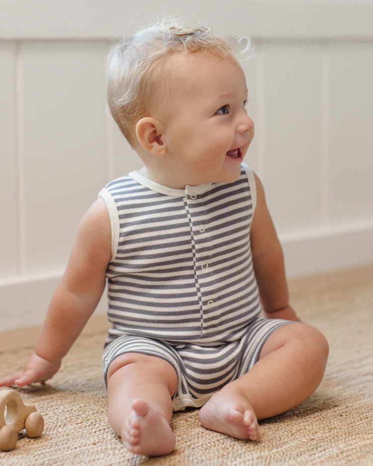 quincy mae ribbed henley romper in ocean stripe baby Little