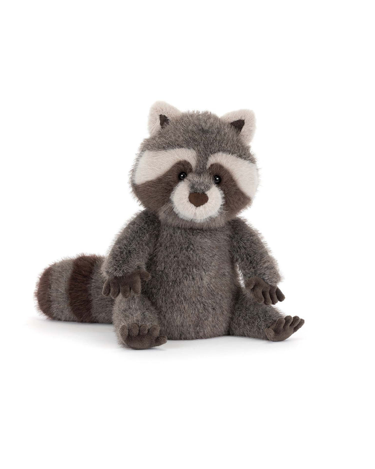The jellycat trixiwoo raccoon is a plush toy with soft gray fur, dark brown and cream face markings, and a striped tail, sitting upright—an ideal stuffed animal companion.