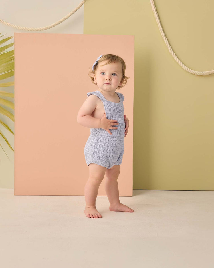 rylee + cru crochet romper in periwinkle baby Little