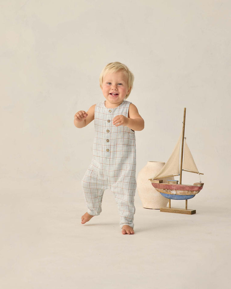 Little rylee + cru kids button jumpsuit in light blue plaid