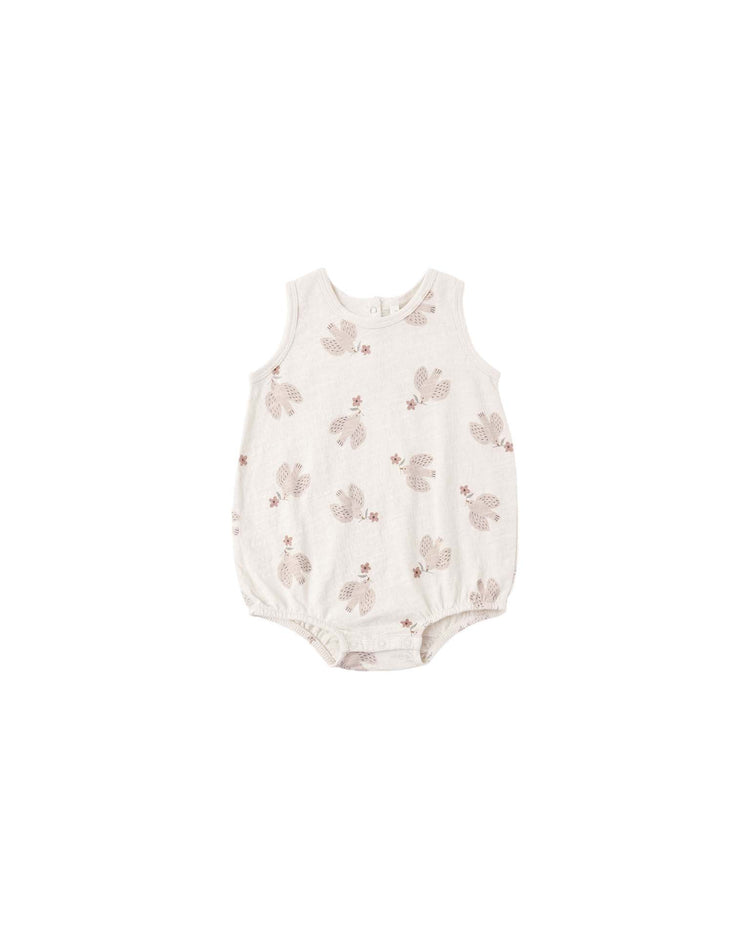 PREORDER bubble onesie in sparrows by rylee + cru, a sleeveless cotton one-piece in off-white featuring a charming sparrow print in light brown with small pink accents, laid flat on a white background.