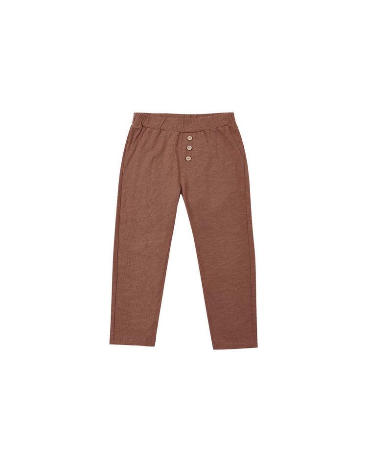 PREORDER cru pant in mulberry by rylee + cru, crafted from soft cotton and featuring an elastic waistband with three buttons on the front, shown laid flat on a white background. These relaxed fit pants deliver comfort and effortless style.