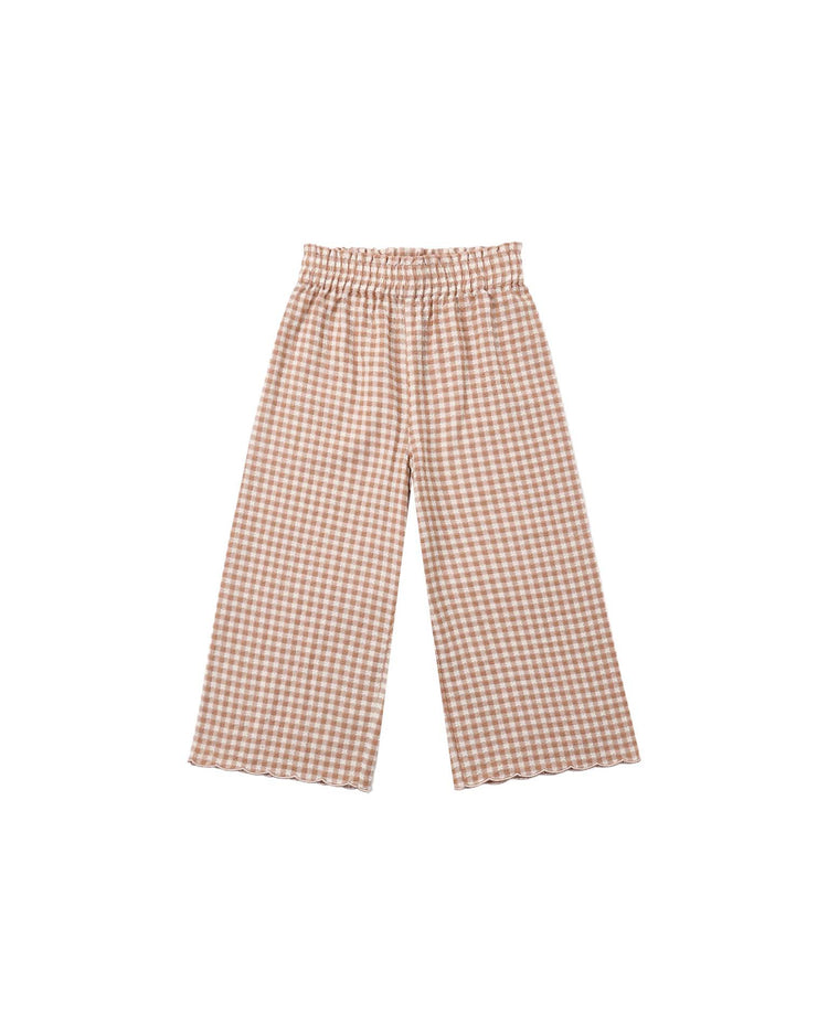 The rylee + cru wide leg pant in fawn gingham, crafted from 100% cotton with an elastic waistband and a brown and white checkered pattern, is displayed laid flat on a white background.