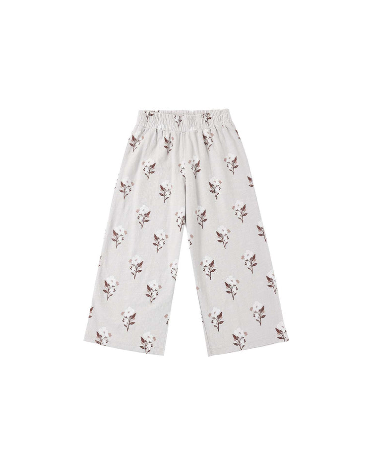 PREORDER wide leg pant in wildflower by rylee + cru, featuring a brown and white floral print on light gray 100% cotton fabric with an elastic waistband and wide-leg silhouette, displayed on a white background.