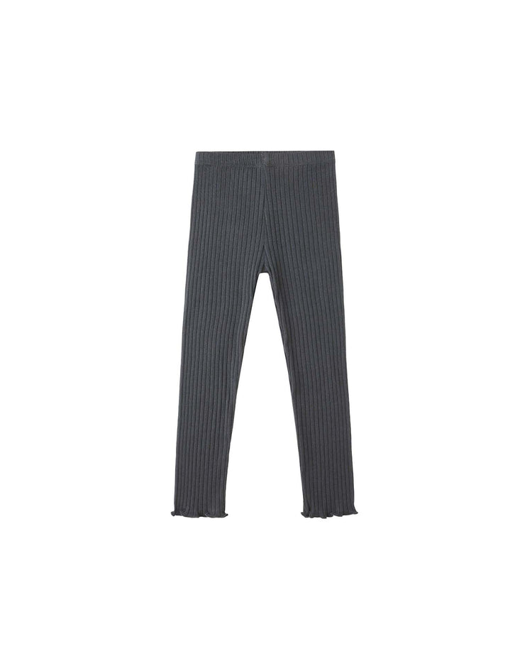The legging in midnight by rylee + cru features a gray ribbed knit with an elastic waistband and a subtle lettuce-edge hem, displayed flat on a white background.
