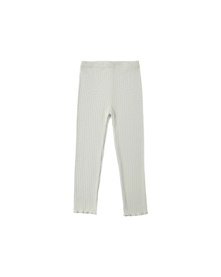 PREORDER legging in sage by rylee + cru, shown on a white background. These children’s leggings feature a light sage ribbed knit, crafted from a cotton elastane blend, with an elastic waistband and a straight-leg silhouette finished with raw hems at the ankles.