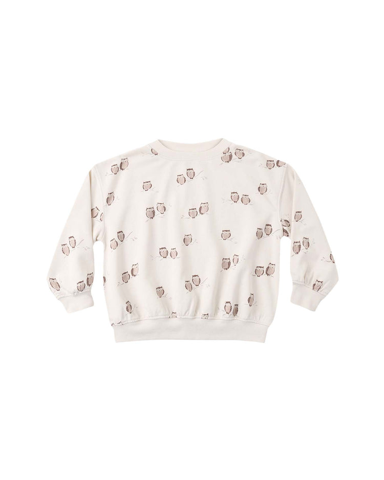 The rylee + cru relaxed sweatshirt in owls is a cream-colored, relaxed-fit top made from soft French terry, showcasing a charming repeating brown owl print, set against a plain white background.