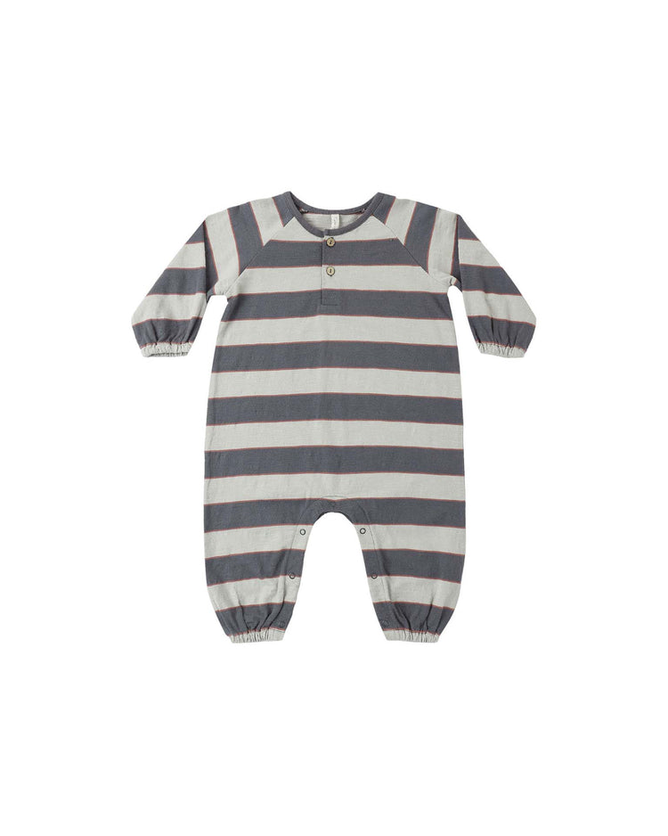 The rylee + cru henley jumpsuit in sage stripe is a baby romper featuring gray and white stripes, long sleeves, two front buttons, and convenient leg snaps. Made from 100% cotton with elasticated cuffs and ankles for a comfortable fit.