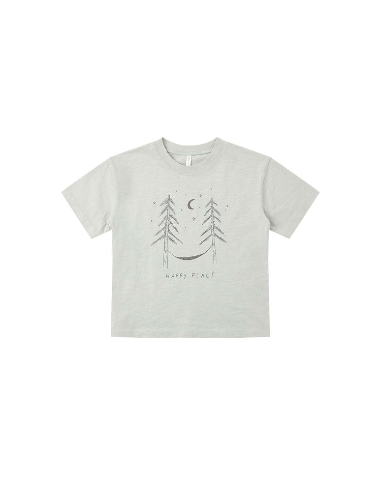 Dress your little one in the rylee + cru PREORDER relaxed tee in happy place—a light gray cotton shirt featuring a minimalist design with two trees, a crescent moon, stars, and “HAPPY PLACE” written beneath the illustration. This cozy relaxed-fit tee blends comfort with adorable style.