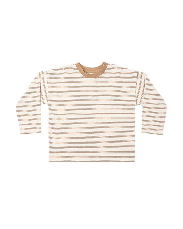 The rylee + cru camden long sleeve tee in fawn stripe, made from 100% cotton with a boxy fit, showcases beige and white horizontal stripes and a solid beige collar, displayed flat on a white background.