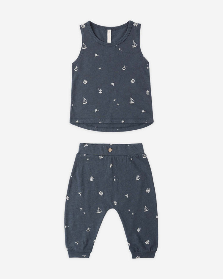 Little rylee + cru kids tank + slouch pant set in maritime