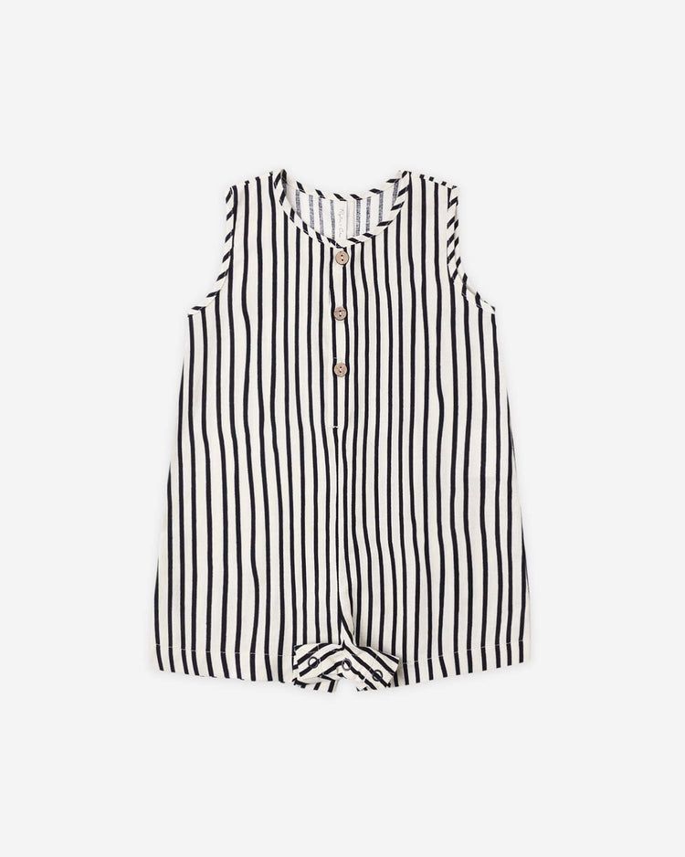 The rylee + cru mavrick romper in wavy stripe features a sleeveless design, front button closure, and short legs with black and white vertical stripes, shown laid flat on a white background.