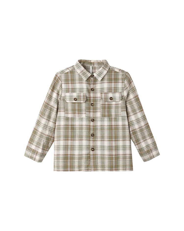pocketed corduroy shirt in olive dobby plaid