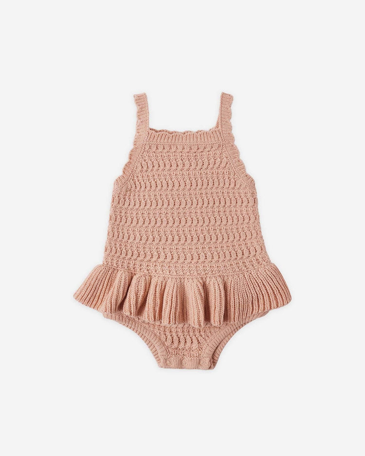 rylee + cru crochet ruffle romper in melon baby Little