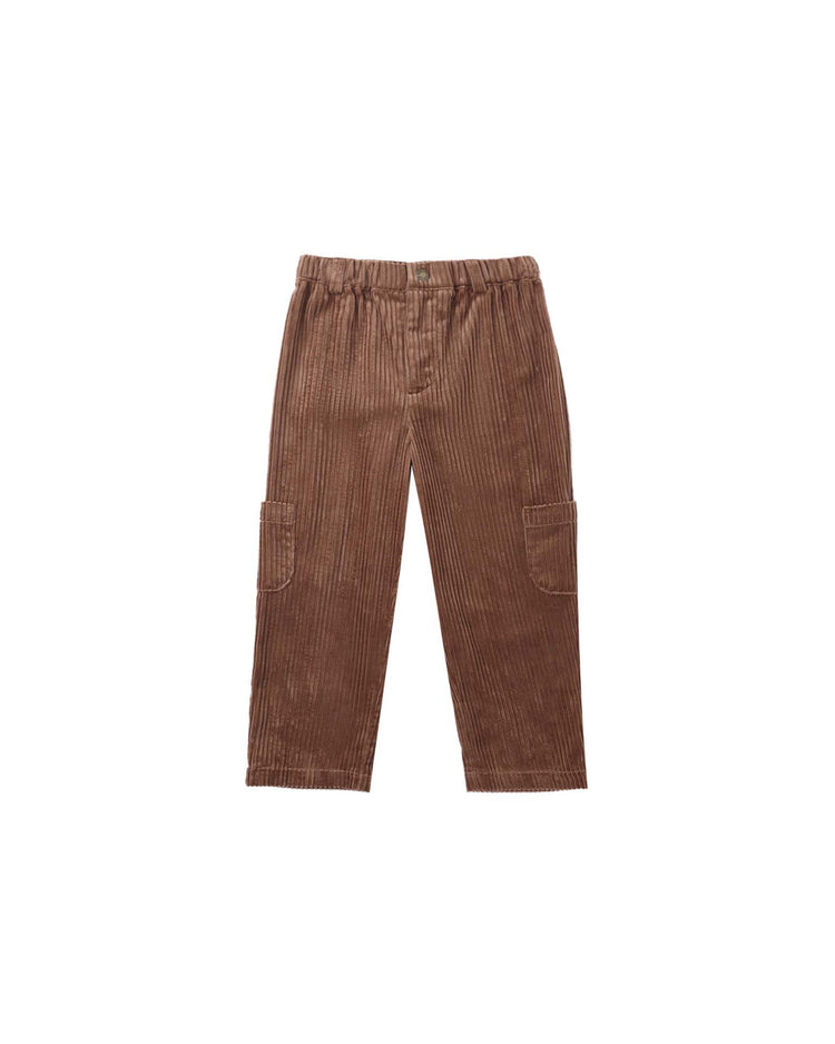 Relaxed cargo pant in mulberry by rylee + cru, crafted from 100% cotton corduroy with an elastic waistband and side pockets, shown laid flat on a white background.