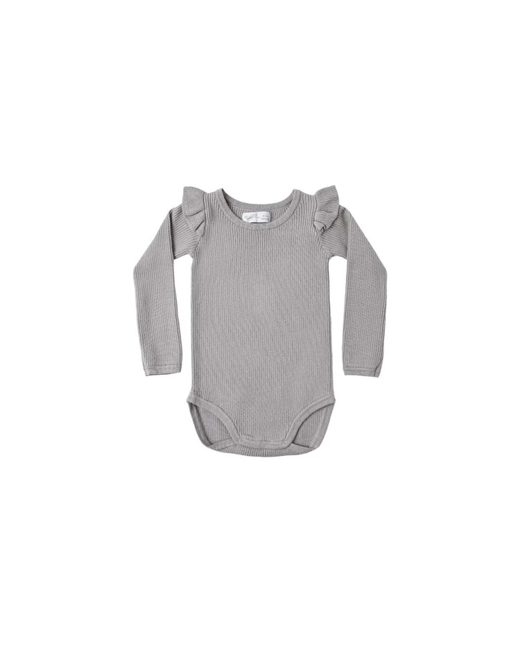 shoulder ruffle bodysuit in dusty blue